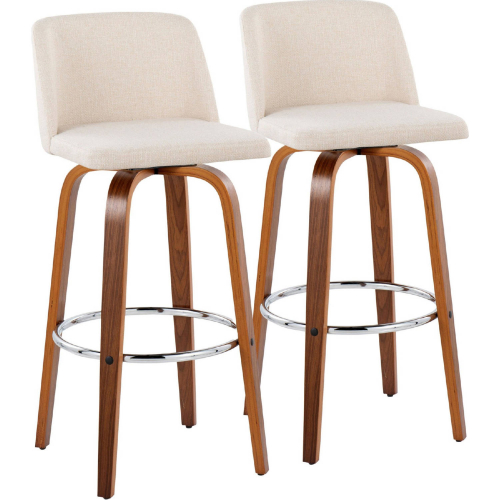 Toriano 30" Swivel Bar Stool in Walnut Wood & Cream Noise Fabric w/ Chrome Footrest (Set of 2)